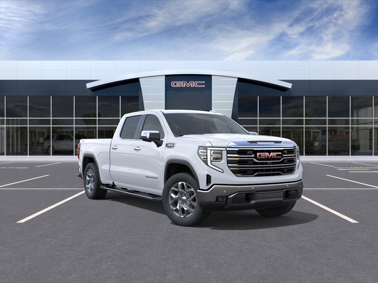 2026 GMC Sierra 1500 SLT in Summit White — front three-quarter view